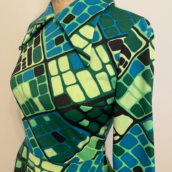 Vintage 60s 70s Fit Flare Mod Dagger Collar Psychedelic Mod Gogo Mini Dress - Picture 8 of 15